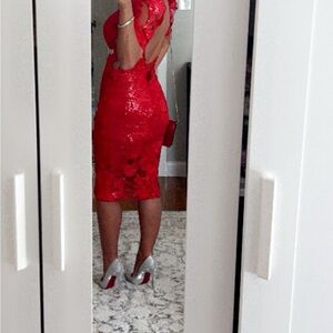 Red dress with matching hat & gloves